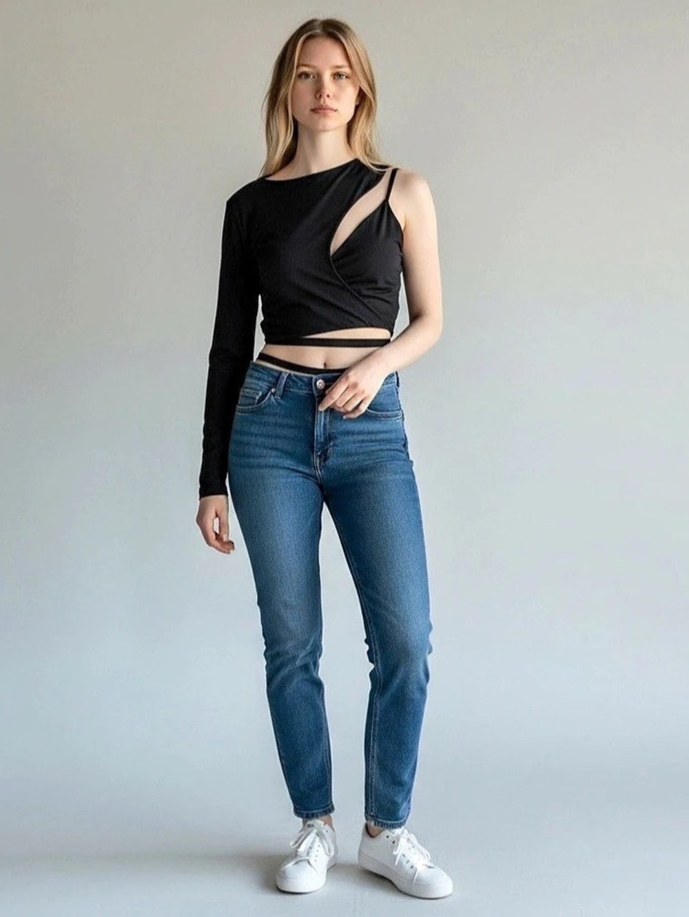 Missguided Asymmetric Cut Out Long Sleeve Crop Size 10